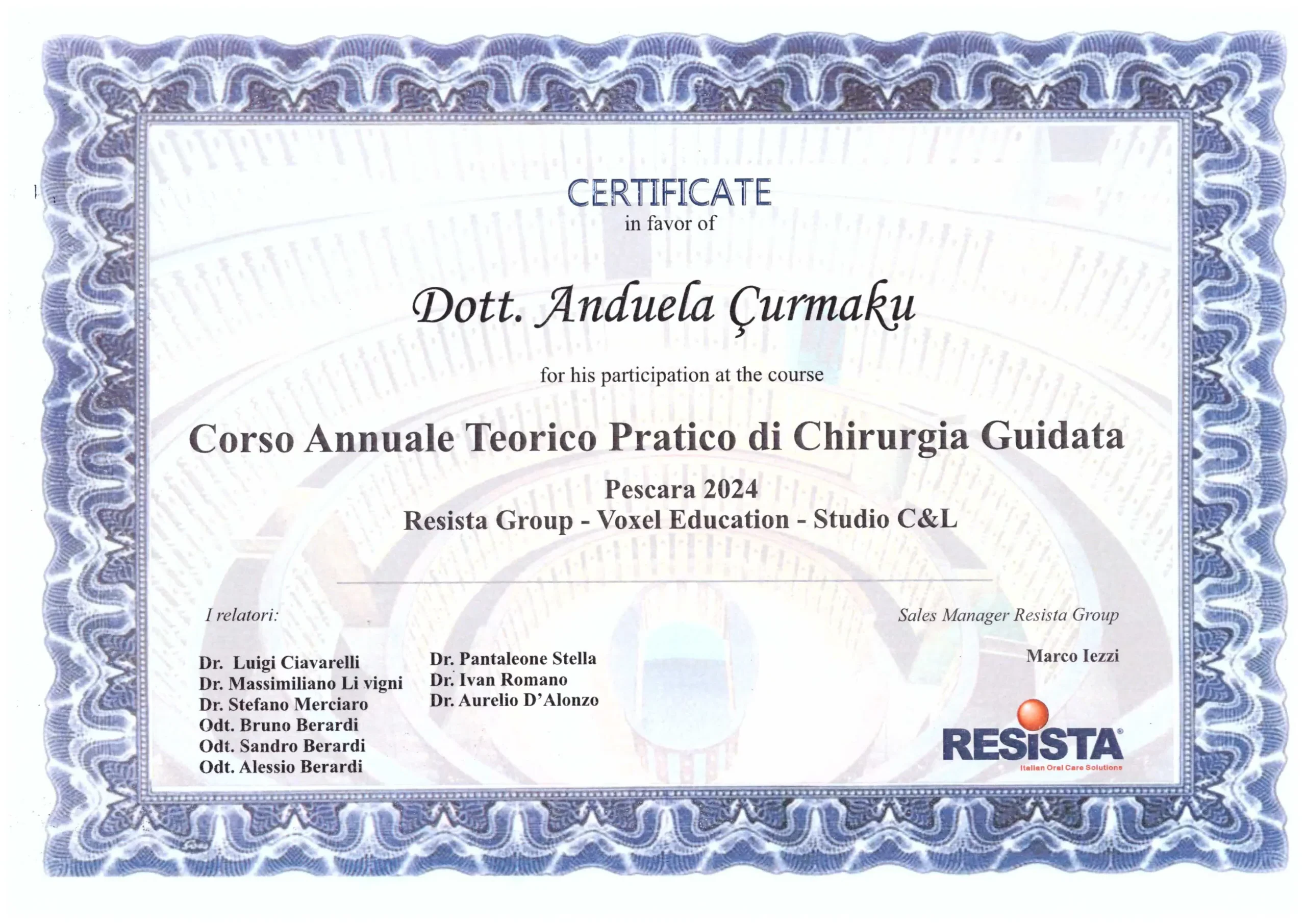 Dr. Anduela Çurmaku guided implant surgery certificate