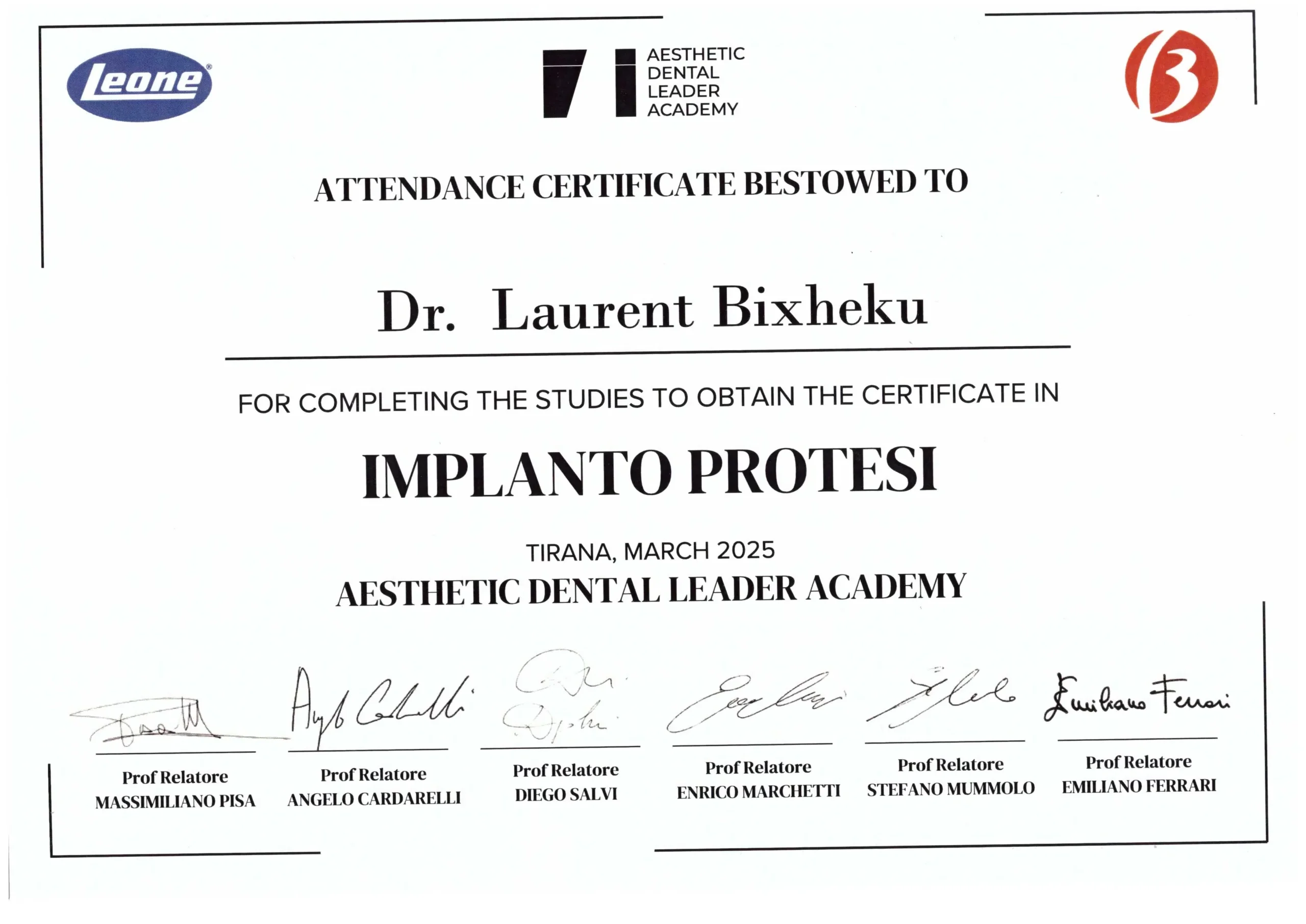 Dr. Laurent Bixheku Implant Prosthetics Certificate