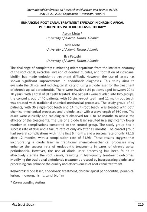 Research abstract page by Ilva Petushi on diode laser therapy and chronic apical periodontitis