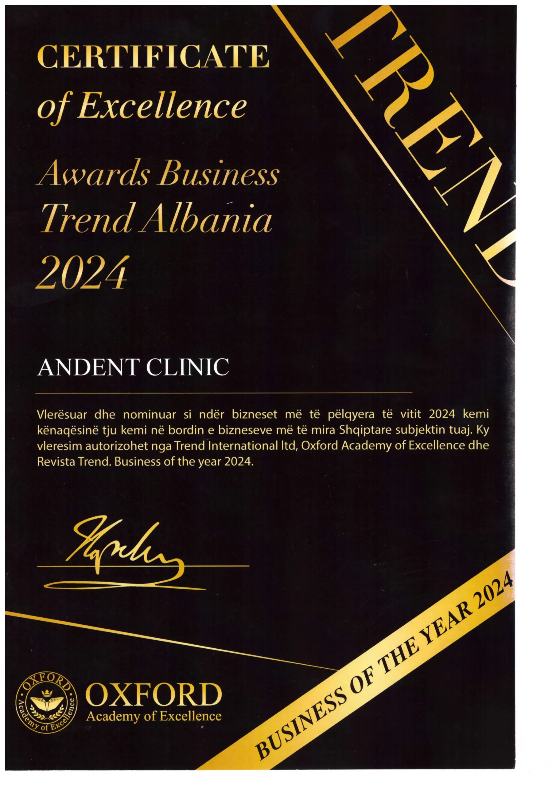 Andent Clinic Trend Business Award recognition