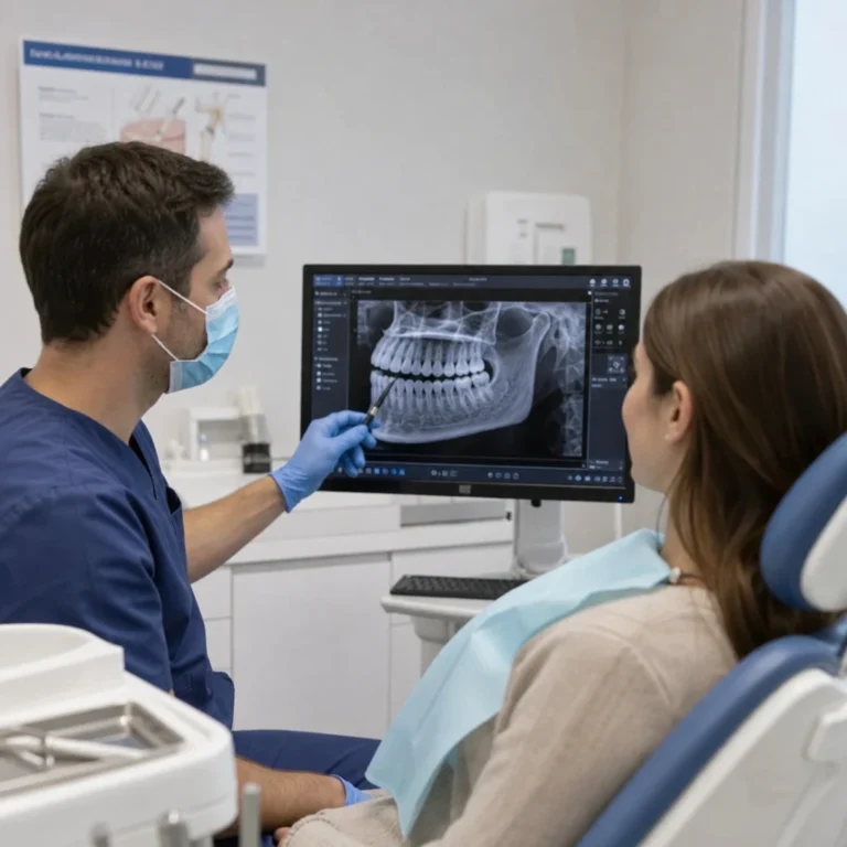 Dentista mostra una radiografia panoramica durante la valutazione in una clinica dentale in Albania