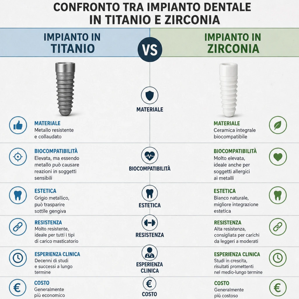 Confronto tra impianto dentale in titanio e zirconia per materiale, biocompatibilità, estetica, resistenza e costo